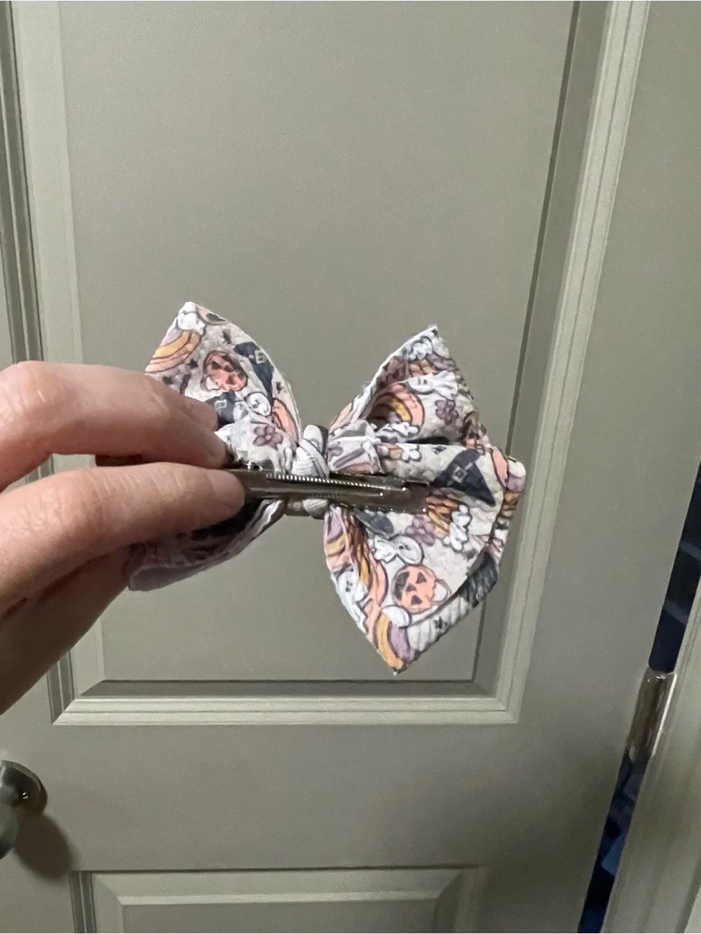 Kids Halloween Print Bow Hair Clip - Pink and Gray